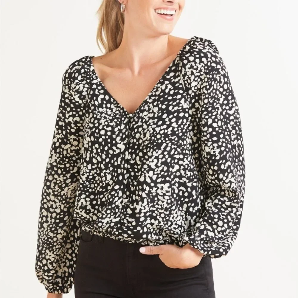 Sanctuary Black Cream Meadow Blouse Top in Hazed Graphic Spot Button Front small
